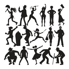 set of 16 silhouette of people in action.