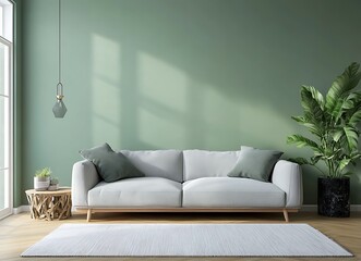 Modern living room in a Dutch apartment with light green walls, a grey sofa, and a white carpet on a wooden floor