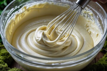 A close-up view of creamy batter being whisked in a glass bowl, showcasing a smooth texture and inviting color