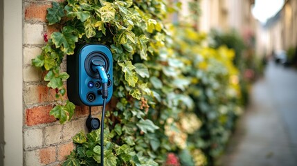 Urban electric car charging station on brick wall with greenery