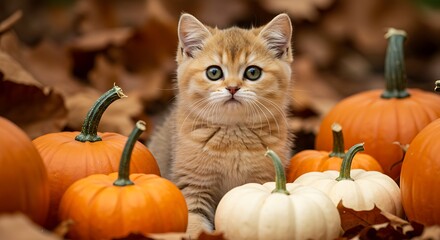 Adorable Kitten Among Autumn Pumpkins AI Generated