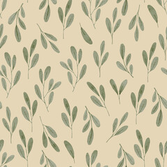 Botanical watercolor seamless pattern with green leaves. Floral pastel background. Delicate floral and herb illustration.