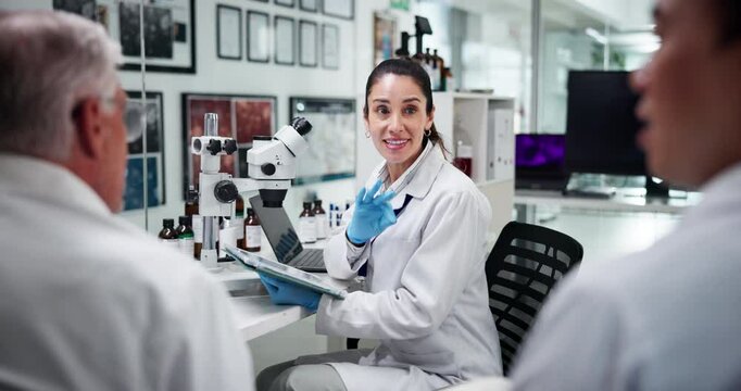 Feedback, science and tablet with people in laboratory together for collaboration or discussion. Healthcare, medical report and review with team at work on clinical trial for innovation or research