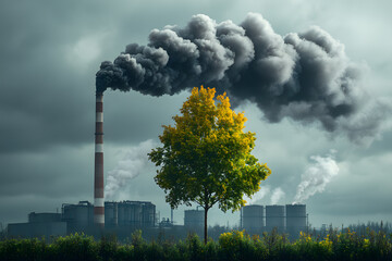 A colorful tree stands out against a backdrop of smoke and industrial buildings under an overcast sky