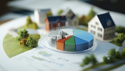 3d pie chart illustrating portfolio asset distribution in a residential area environment viewpoint