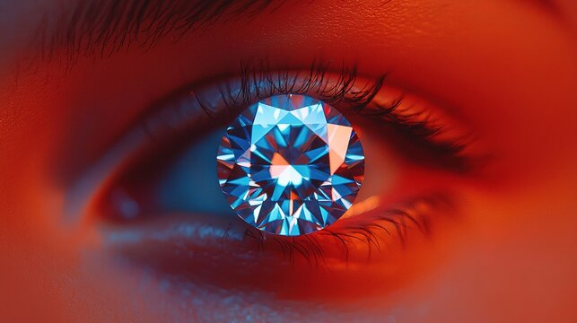 Enchanting deep blue diamond glows in eye close-up shot artistic environment conceptual viewpoint