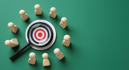 Target Audience: Finding Your Ideal Customer. Target, Magnifying Glass, Wooden Figures on Green Background. Marketing, Business, HR.