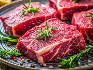 Fototapeta premium Crimson beef fillet, raw and textured, photographed from above in stunning macro detail.