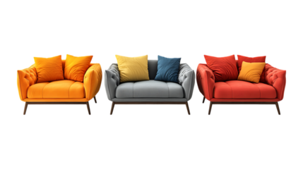 Three contemporary upholstered accent sofas in orange, gray, and red hues create a coordinated furniture grouping isolated on transparent