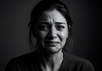 Obraz premium A young woman's silent tears tell a story of profound sorrow and heartbreak, captured in stark black and white.