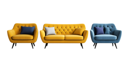 A set of matching modern living room sofas and accent chairs in yellow and blue tones are displayed against a transparent background for