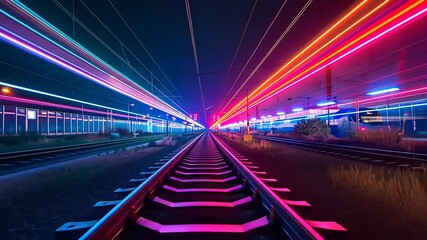 Neon Nightscape: A mesmerizing long exposure photograph of a train station at night, showcasing vibrant light trails and a vibrant atmosphere. - Powered by Adobe