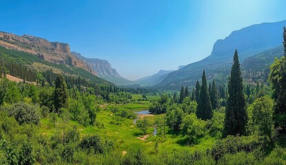 Obraz premium Vast valley nestled amongst towering peaks. Tranquil landscape of lush greenery and serene waters