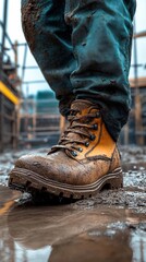 Muddy construction worker boots on a wet site