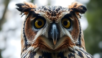 Obraz premium close up of an owl's face with trees in the background