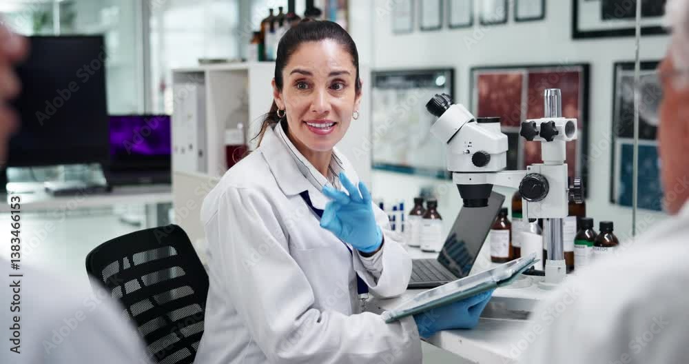 Aufkleber discussion, woman or scientist in meeting with tablet for test research, development or innovation. 