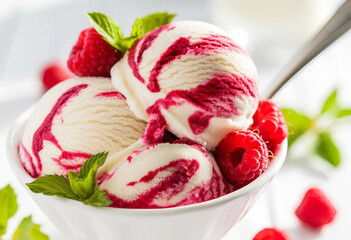 A variety of strawberry and raspberry ice cream desserts with mint and berries