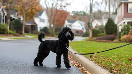 Adorable Poodle Puppy Walking Calmly on Leash through Peaceful Suburban Neighborhood with Autumn Foliage