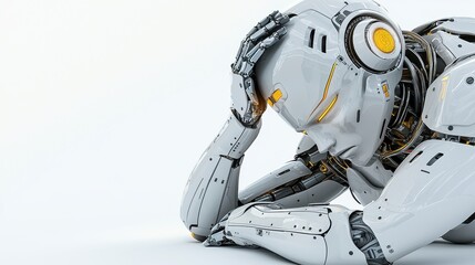 White Robot Depressed Lying Down on White Background
