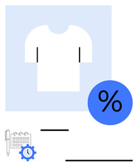 White T-shirt, blue percentage sign, calendar with pen and gear. Ideal for retail, discounts, ecommerce, inventory planning, sales strategy, time management flat simple metaphor