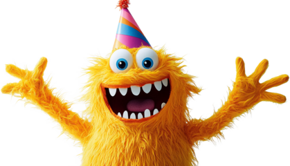 Yellow furry monster, wearing party hat, arms outstretched, isolated on a transparent background, png image, joyful expression, celebratory concept