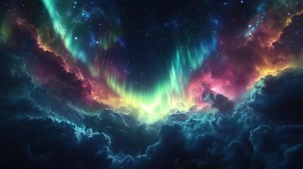 Vibrant aurora borealis-like display above dark clouds, cosmic scene