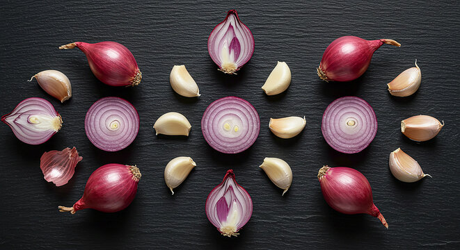 Verduras aromatizadas, incluidas chalotas, cebolla morada y ajo.