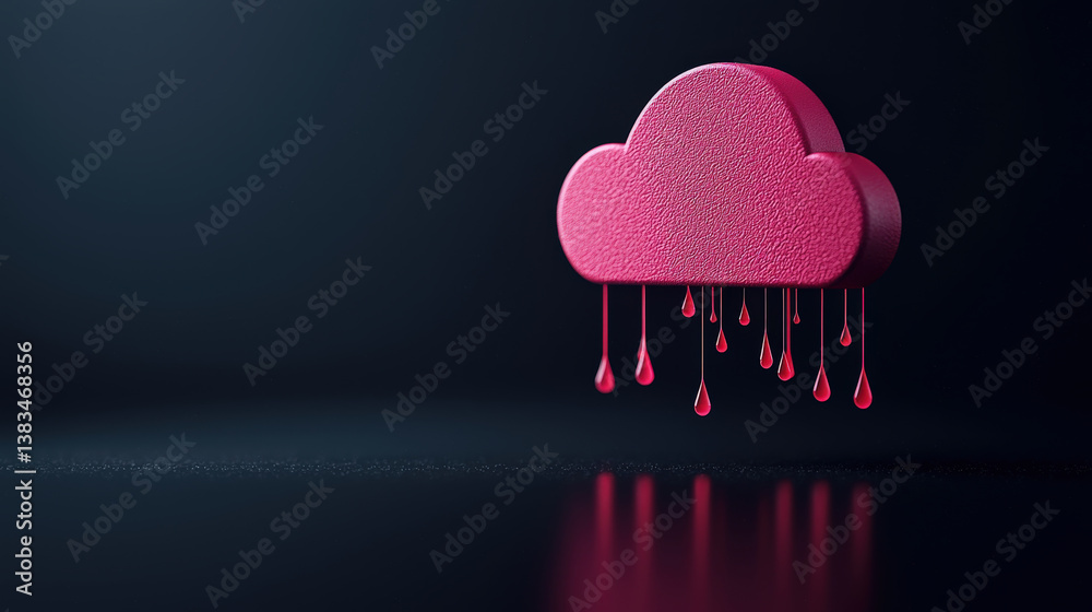 Poster pink cloud with dripping red droplets symbolizes data security and potential vulnerabilities in cloud computing. dark background enhances contrast and highlights concept