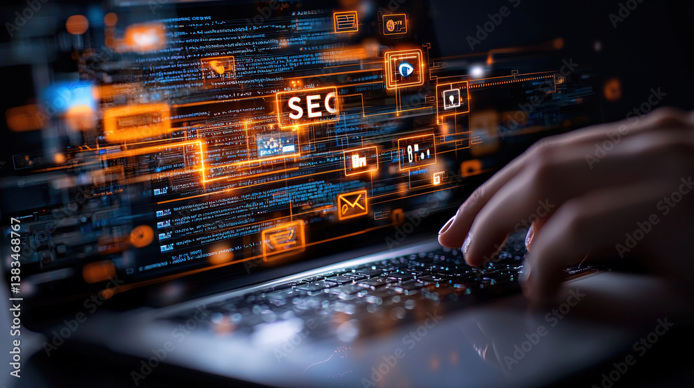 Poster close up of hand typing on laptop keyboard with digital SEO graphics overlay, highlighting concept of search engine optimization in dynamic and futuristic style