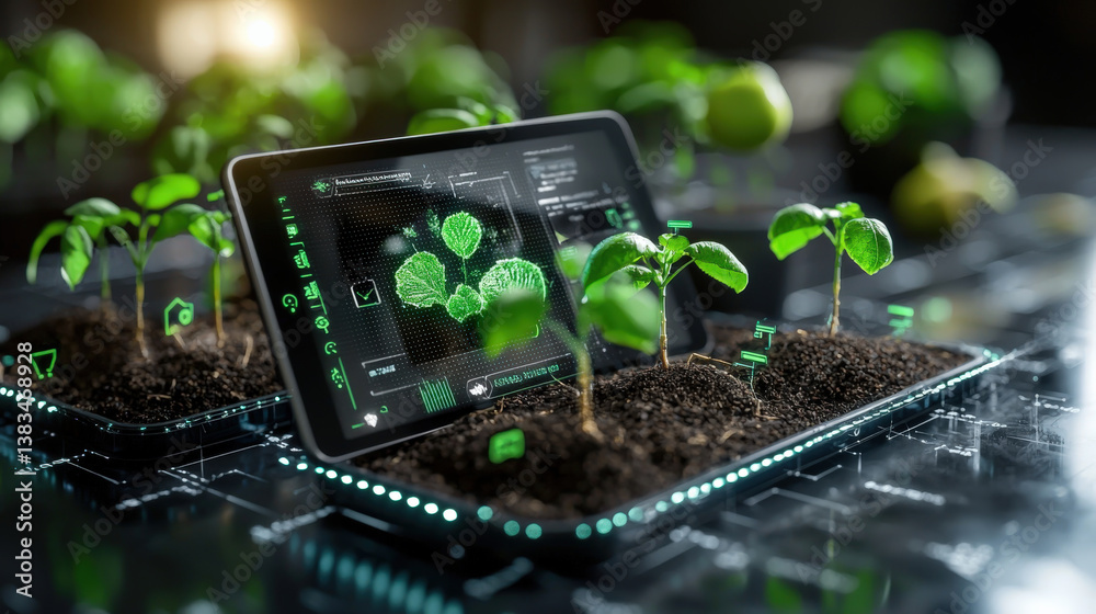 Poster digital tablet displays plant data in futuristic garden with smart watering systems, surrounded by v