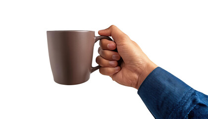 Mug raised by hand for a sip isolated on PNG white transparent background.