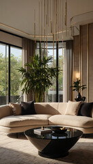 Elegant Modern Living Room with Gold Accents and Natural Light