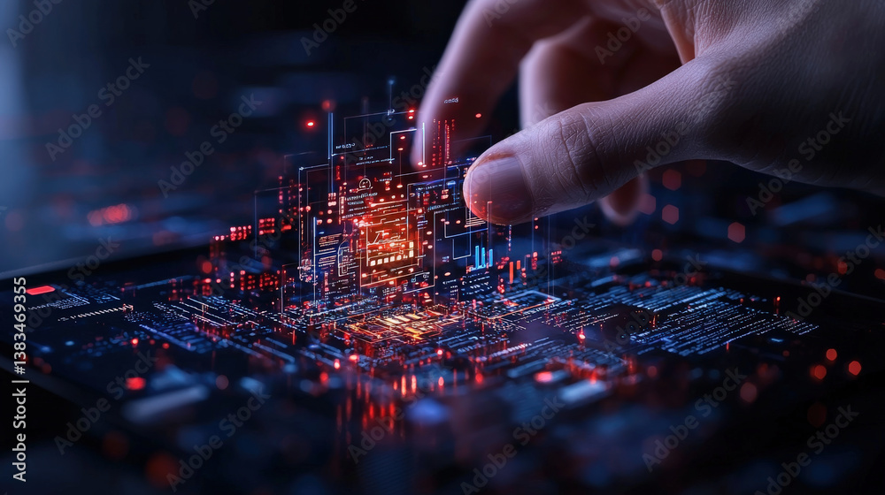 Aufkleber hand interacts with digital interface, showcasing futuristic digital marketing campaign on tablet. s