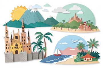 Obraz premium Various travel attractions in paper art style-generated by ai