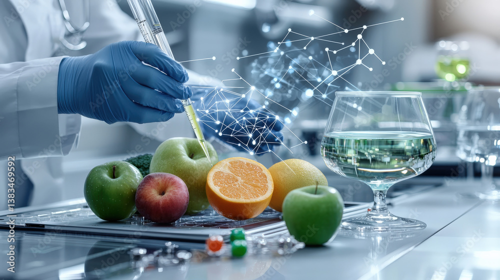 Aufkleber laboratory setting with food scientists using technology to analyze fruits, showcasing innovation in