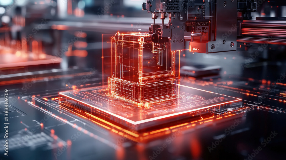 Aufkleber large scale 3d printer constructs detailed electronic component, showcasing advanced technology and 