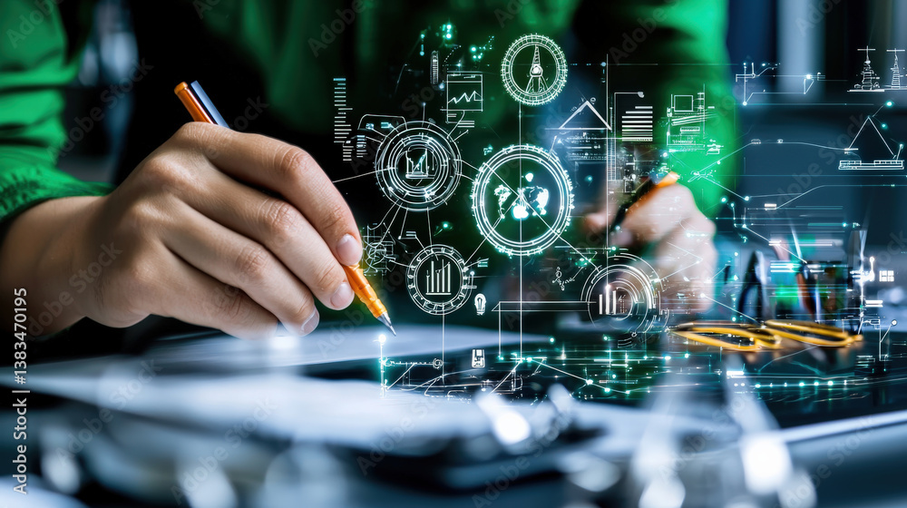 Aufkleber person is working on digital tablet with futuristic holographic technology, displaying various data 