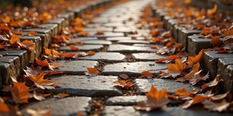  Realistic Autumn Path Bronze Leaves on a Stone Path Bathed in Warm, Detailed Light.
