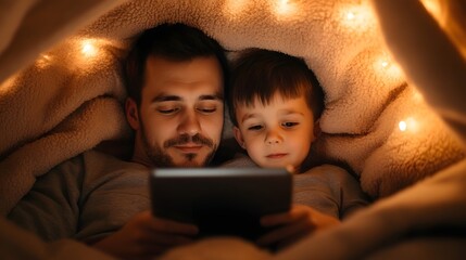 Father and Son Bonding Under Cozy Blanket Fort With Digital Tablet