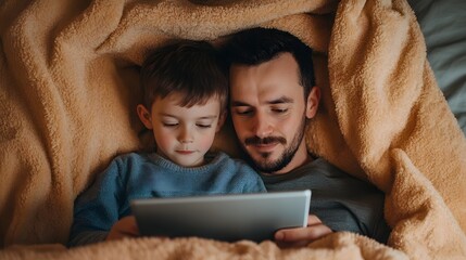 Father and Son Sharing Cozy Bedtime Moment Under Blanket Fort Reading on Tablet