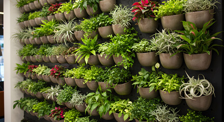 Vertical Garden Wall of Potted Plants Indoor Greenery Arrangement Lush Design