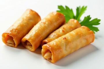 Crispy spring rolls arranged on white surface, vegetable, appetizer, close-up