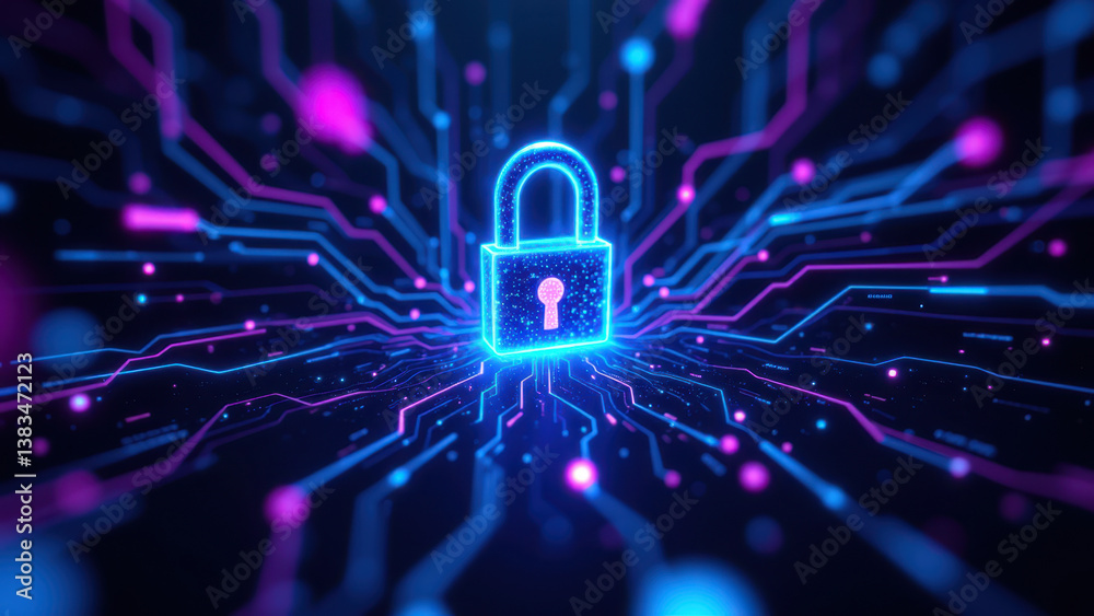 Wall mural a dynamic cyber security concept with a vibrant digital lock icon amidst an abstract network of glow