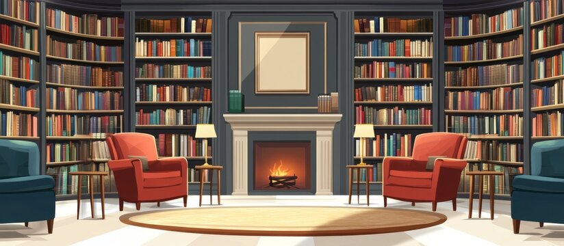 Cozy library with fireplace, bookshelves, armchairs, and a warm ambiance