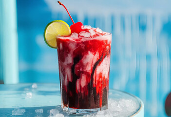 Refreshing red cocktail with ice and cherry in a glass