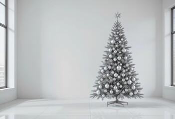  A contemporary Christmas tree with silver geometric ornaments against a stark white, minimalist living room backdrop.