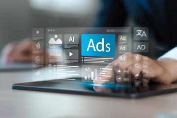 Businessman doing digital marketing and online advertising to target customers. Online sales concept of digital marketing, ad, product ads, promotion of products or services through digital tools.