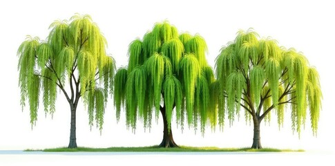 Branches of willow trees isolated on white background, wood, calm, serene