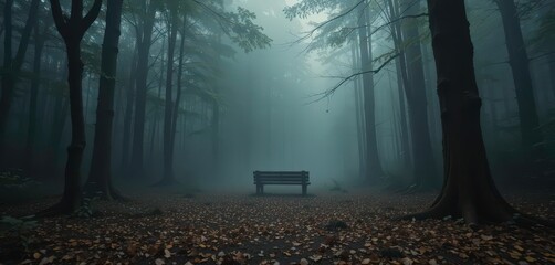  Mysterious Forest Scene Enshrouded in Mist, Hidden Bench Leaf Covered Ground