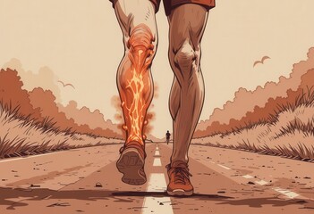 Vintage Strain Sepia Toned Illustration of Swollen Calf. Red Brown Colors, Road Background, Marathon Aftermath Pain